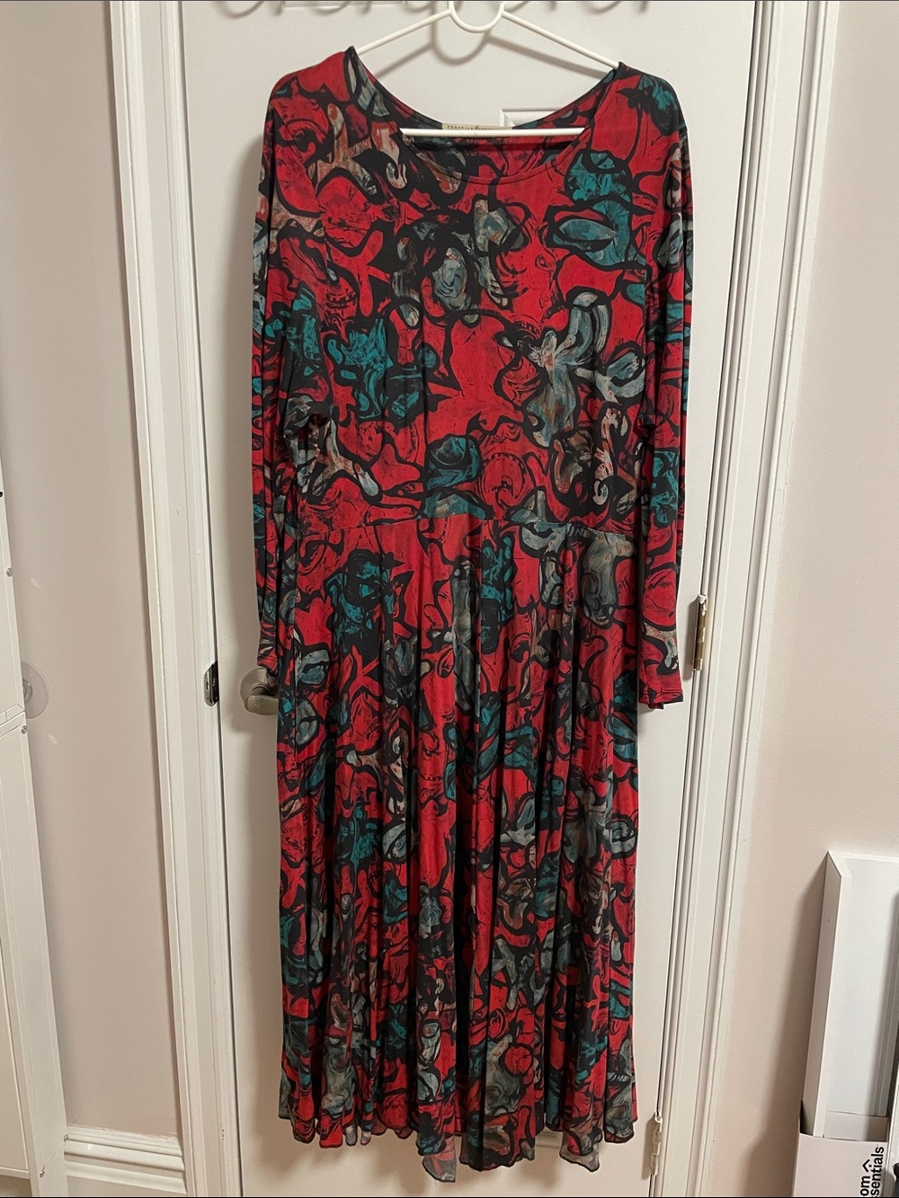 Peruvian Connection Red Abstract Print Long Sleeve Midi Dress with Teal Accents